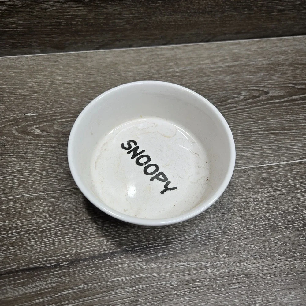 Vintage Peanuts Snoopy Suppertime Ceramic Pet Dog Feeding Bowl White